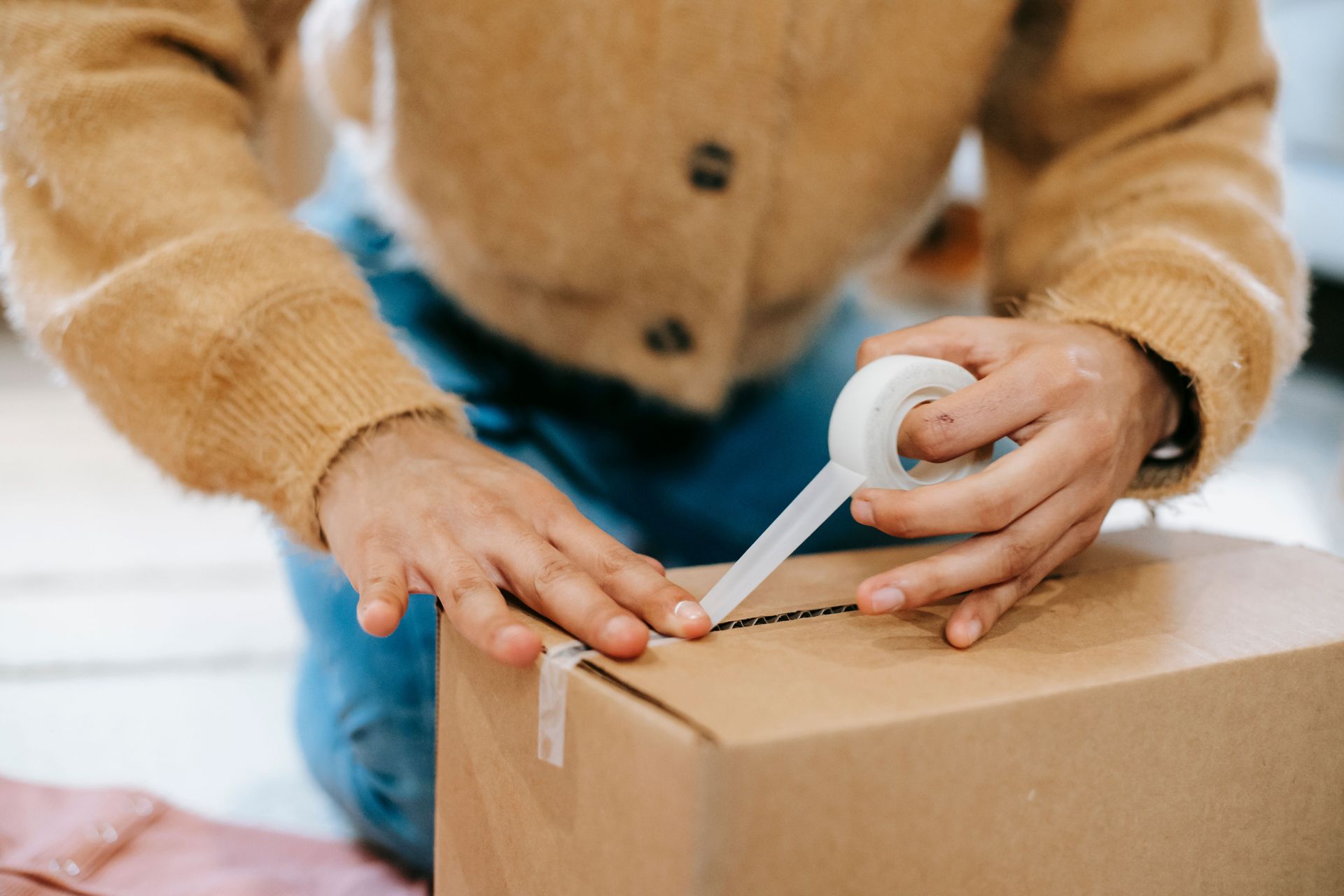 Crop anonymous female in casual clothes sealing carton box with adhesive tape while sitting on floor